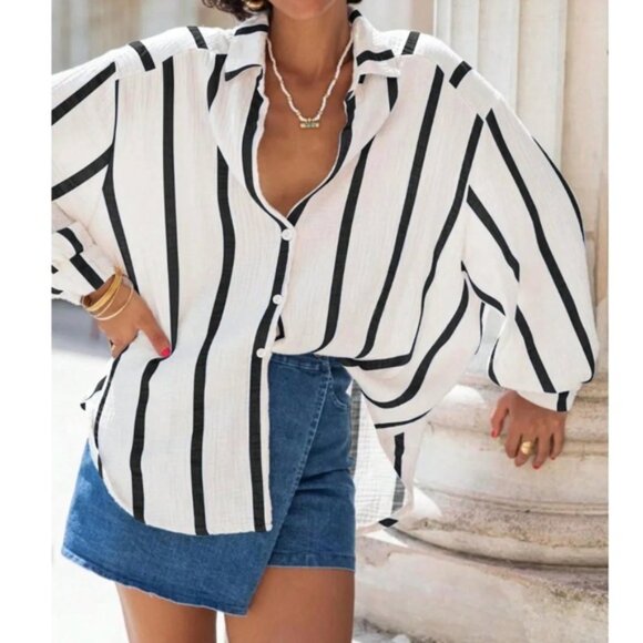 Women's White with Black Stripes Oversized Button Down Shirt Long Sleeve - Picture 1 of 7